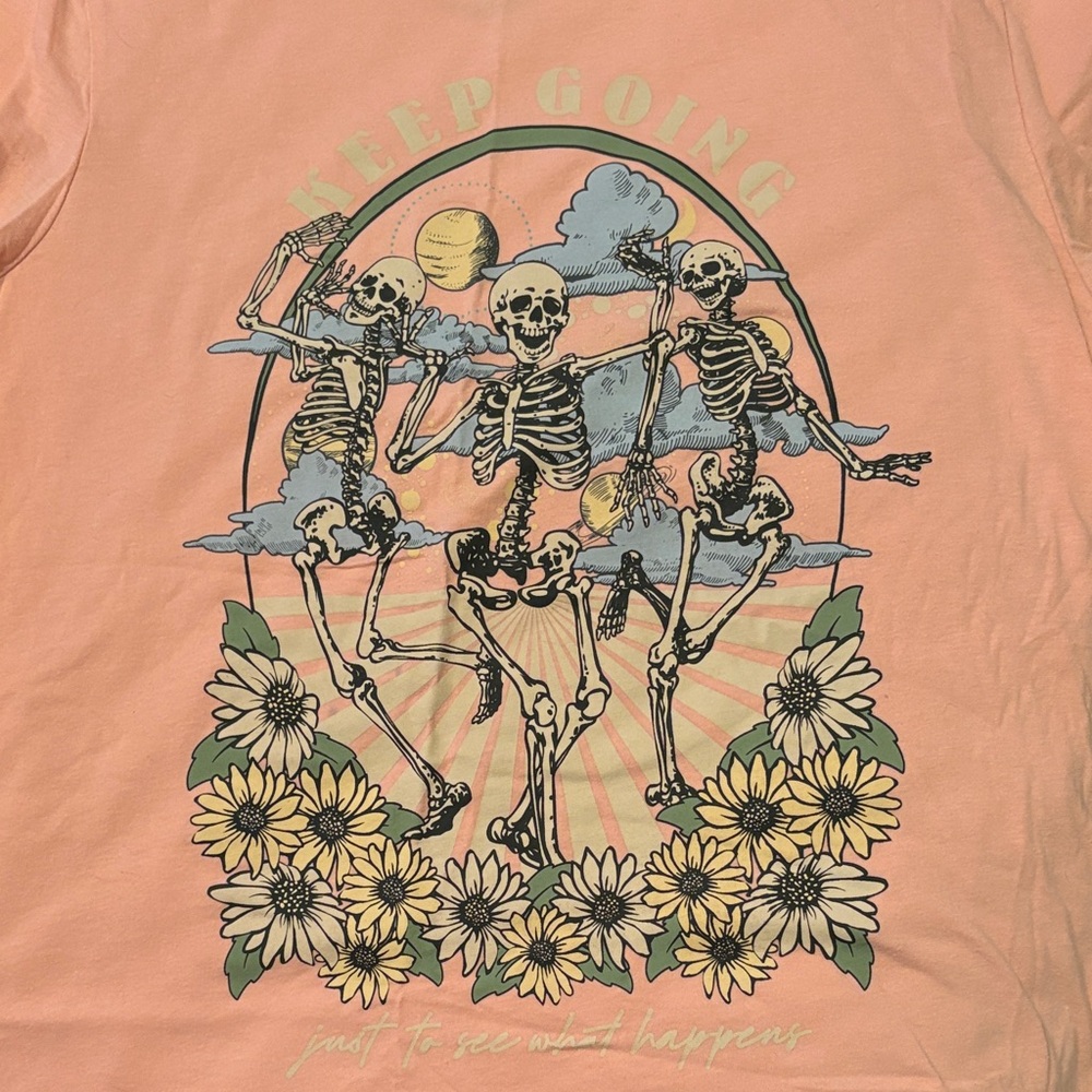 Pink Graphic Tee with Skeleton Design. Xl